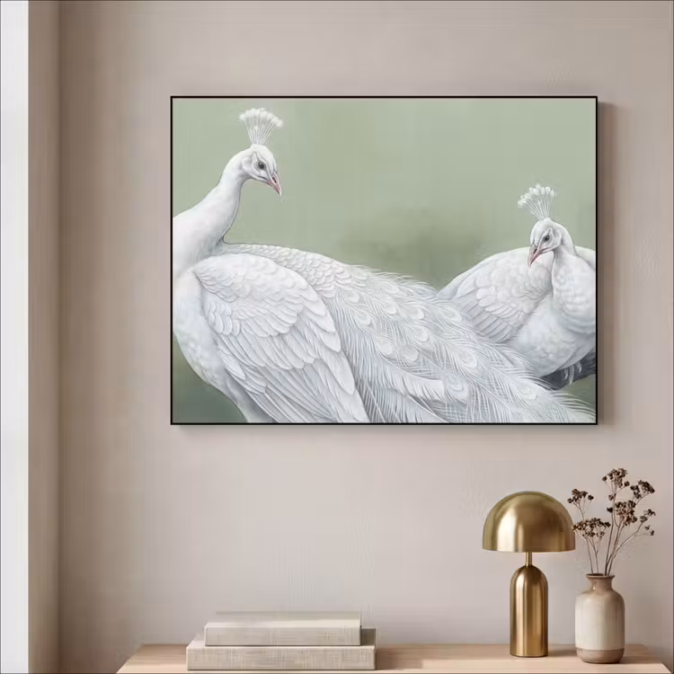 Pauwen - Wit - Natuur - Groen Textielframe zwart klein -sfeer2
