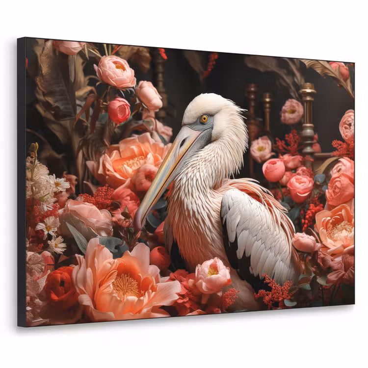 Pelikaan - Dier - Bloemen - Natuur - Botanisch - Roze Textielframe zwart klein -3d