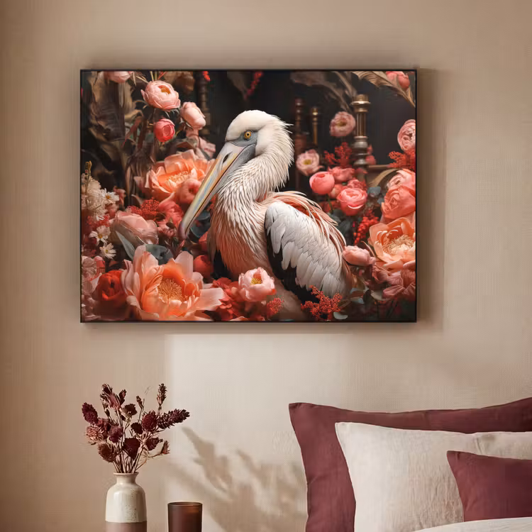 Pelikaan - Dier - Bloemen - Natuur - Botanisch - Roze Textielframe zwart klein -sfeer1