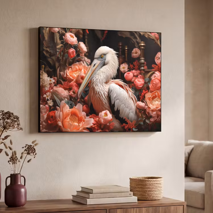 Pelikaan - Dier - Bloemen - Natuur - Botanisch - Roze Textielframe zwart klein -sfeer3