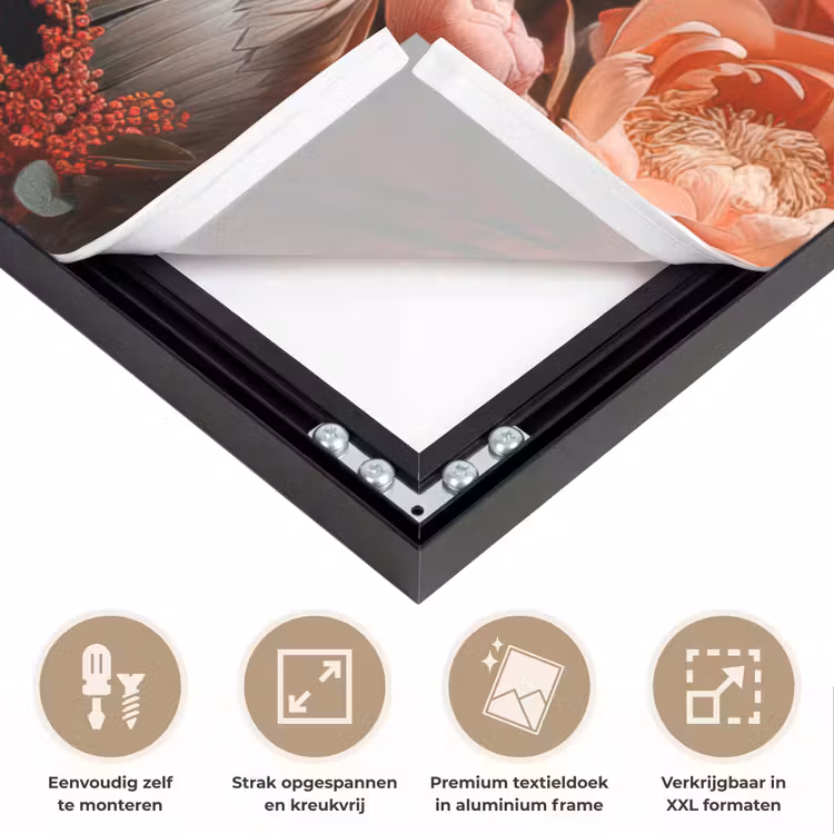 Pelikaan - Dier - Bloemen - Natuur - Botanisch - Roze Textielframe zwart klein -USP_feed_closeupNL