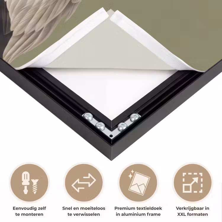 Pelikaan - Wit - Vogel - Klassiek - Natuur Textielframe zwart klein -USP_closeupNL