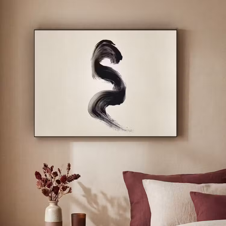 Penseelstreek - Zwart - Minimalistisch Textielframe - compleet frame klein -sfeer1