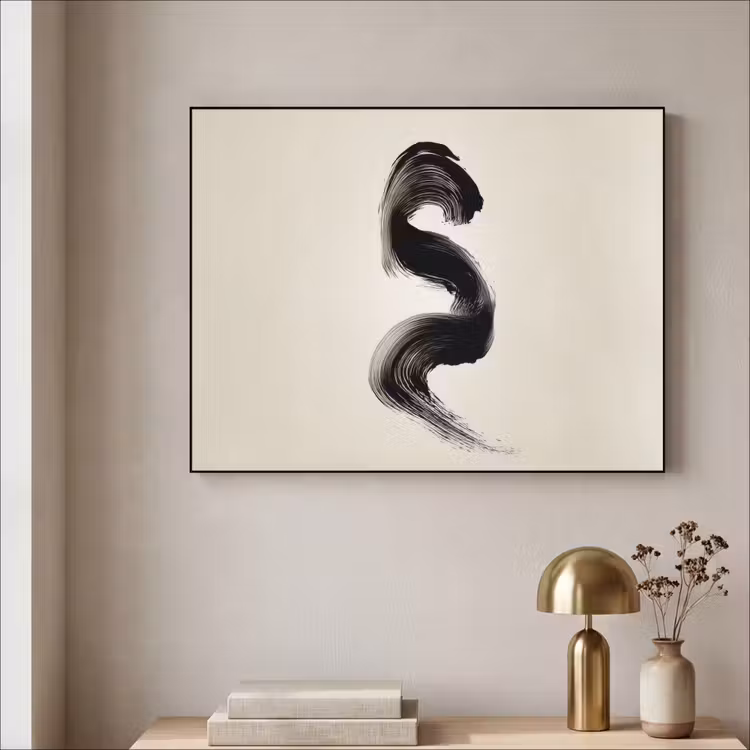 Penseelstreek - Zwart - Minimalistisch Textielframe - compleet frame klein -sfeer2