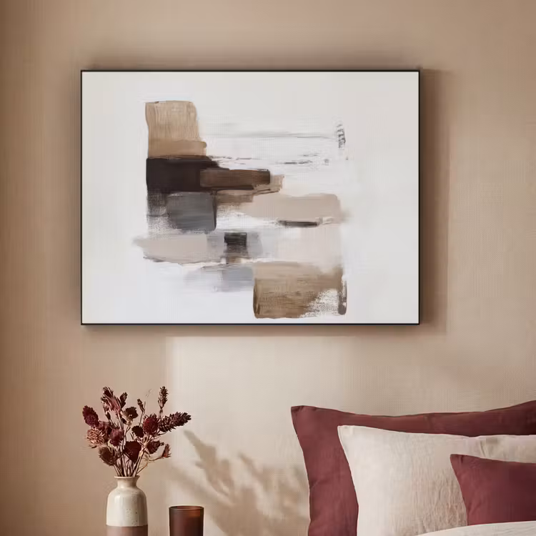 Penseelstreken - Balans - Beige - Bruin Textielframe zwart klein -sfeer1