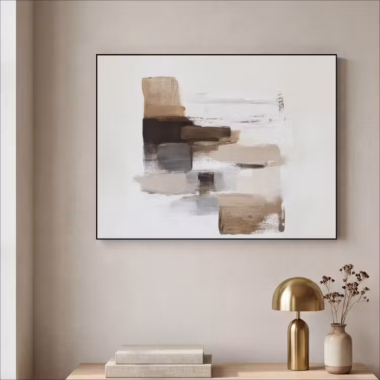Penseelstreken - Balans - Beige - Bruin Textielframe zwart klein -sfeer2