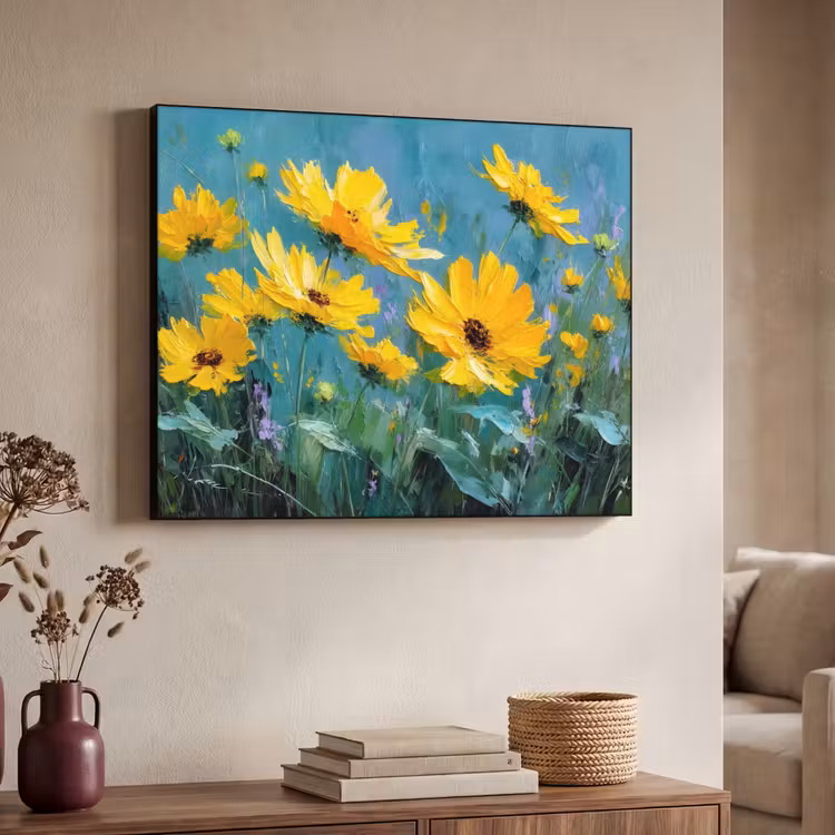 Penseelstreken - Bloemen - Felgeel - Abstract Textielframe zwart klein -sfeer3