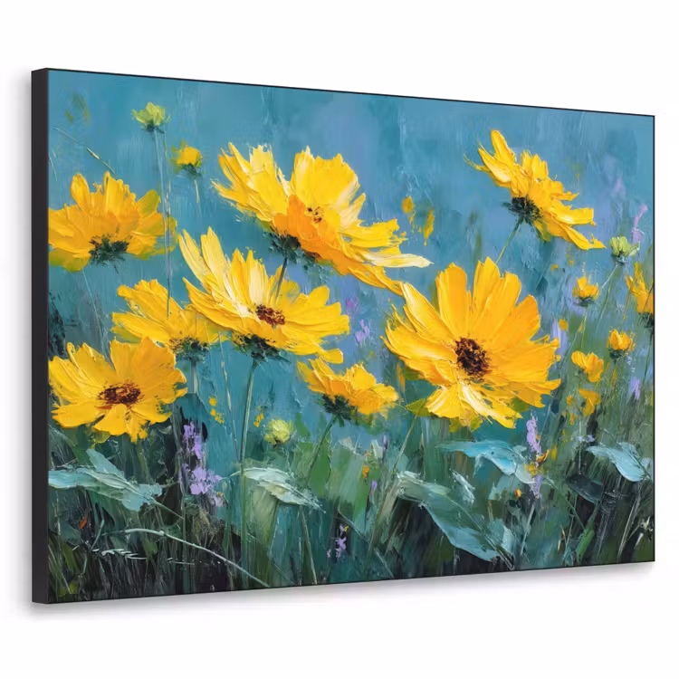 Penseelstreken - Bloemen - Felgeel - Abstract Textielframe zwart klein -3d