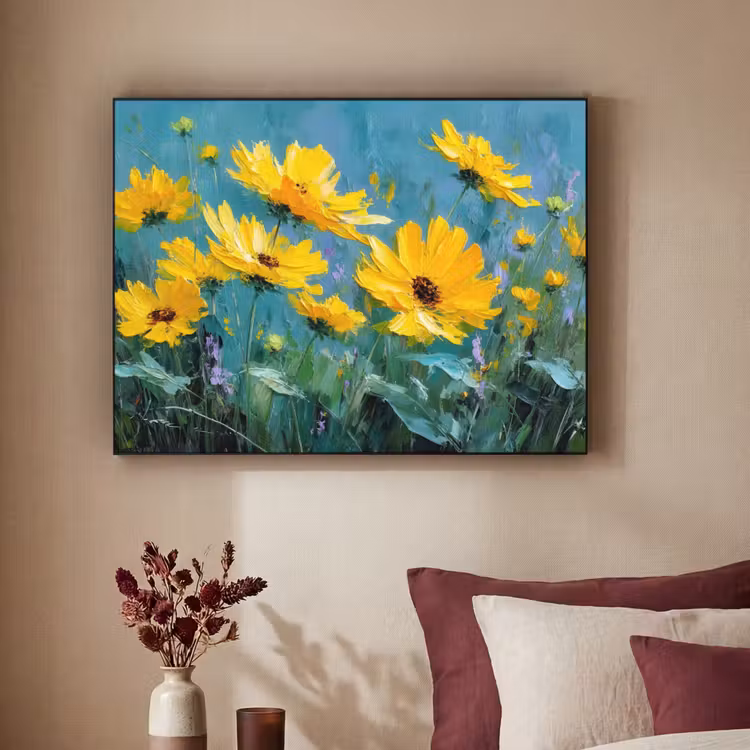 Penseelstreken - Bloemen - Felgeel - Abstract Textielframe - compleet frame klein -sfeer1