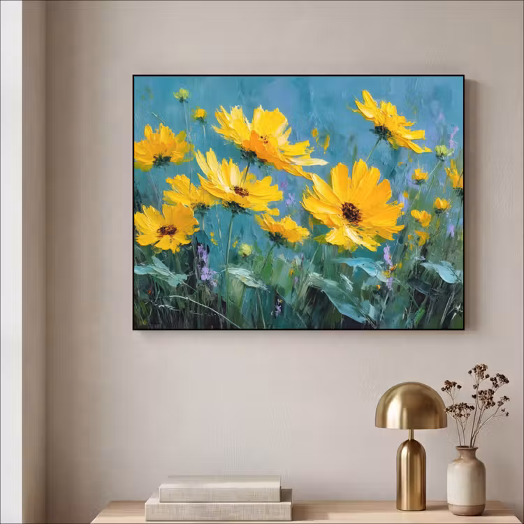 Penseelstreken - Bloemen - Felgeel - Abstract Textielframe zwart klein -sfeer2