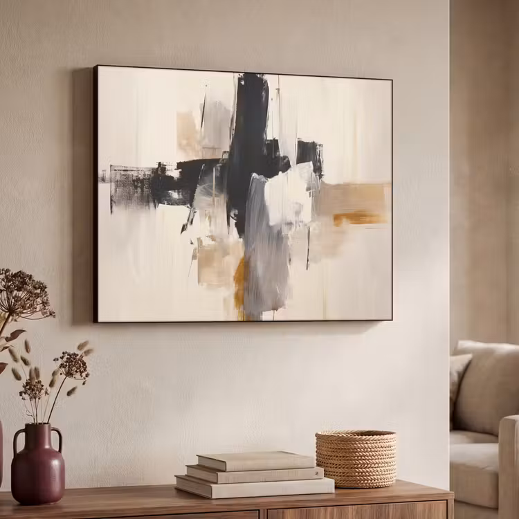 Penseelstreken - Ruw - Abstract - Beige Textielframe zwart klein -sfeer3