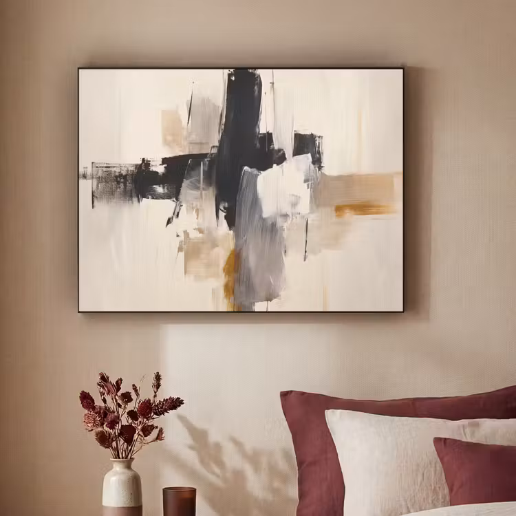 Penseelstreken - Ruw - Abstract - Beige Textielframe zwart klein -sfeer1