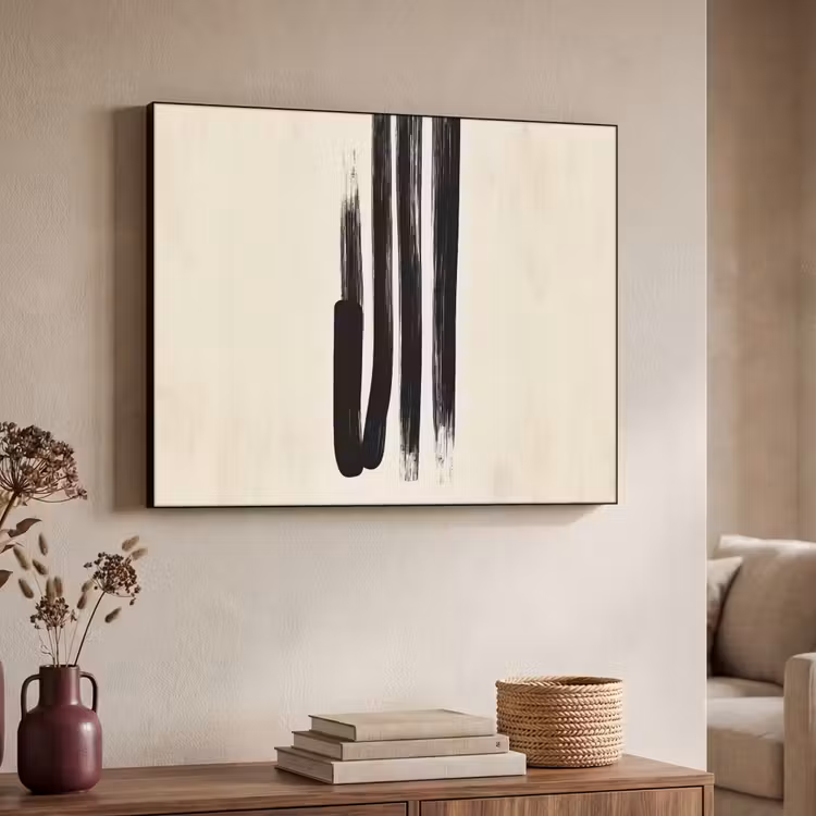 Penseelstreken - Verticaal - Zwart Textielframe zwart klein -sfeer3