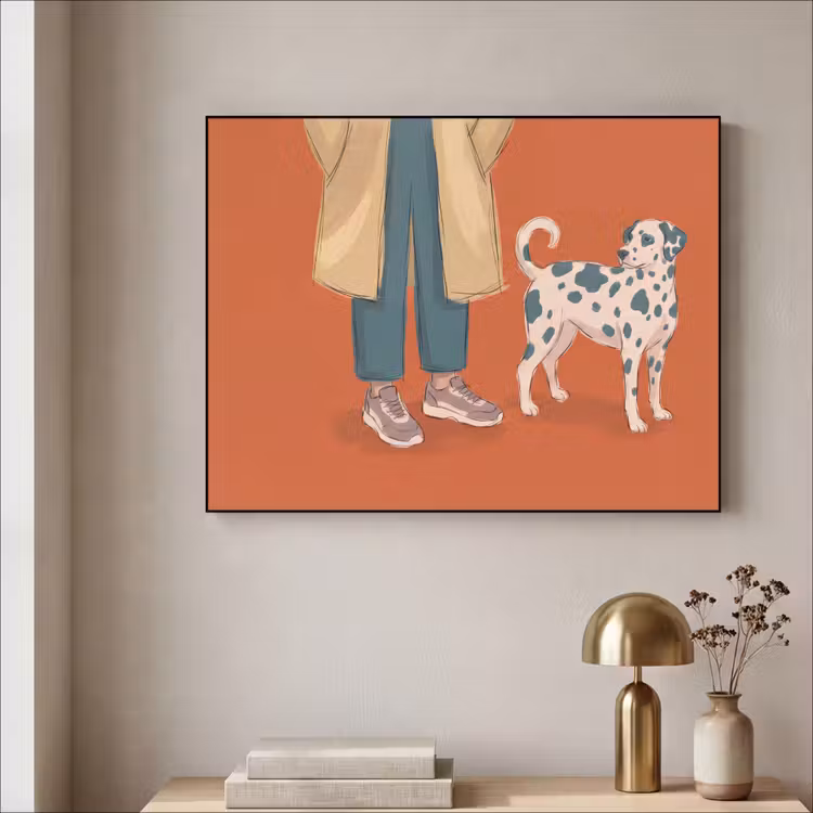 Persoon - Hond - Dieren - Illustratie - Modern Textielframe zwart klein -sfeer2