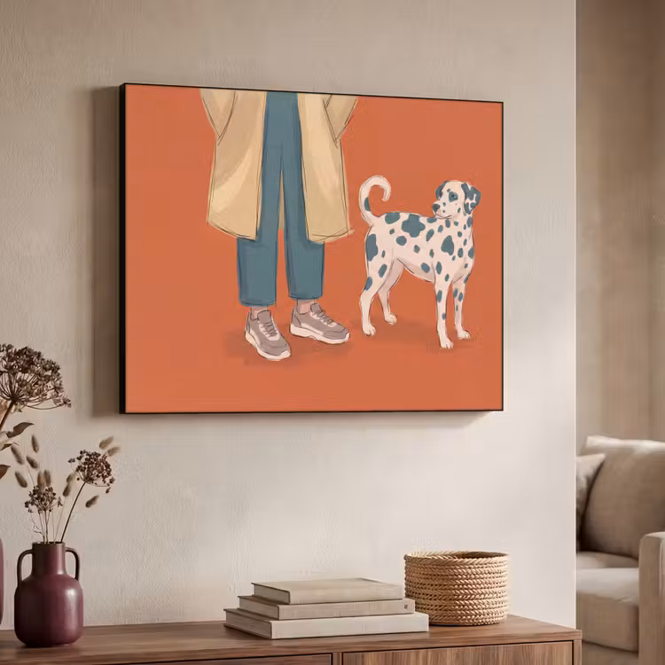 Persoon - Hond - Dieren - Illustratie - Modern Textielframe zwart klein -sfeer3