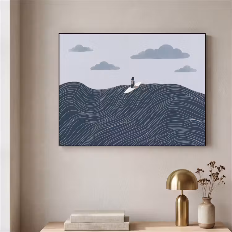 Persoon - Surfen - Oceaan - Natuur - Modern Textielframe zwart klein -sfeer2