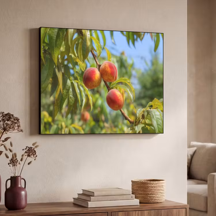 Perzik - Bladeren - Zonlicht Textielframe zwart klein -sfeer3