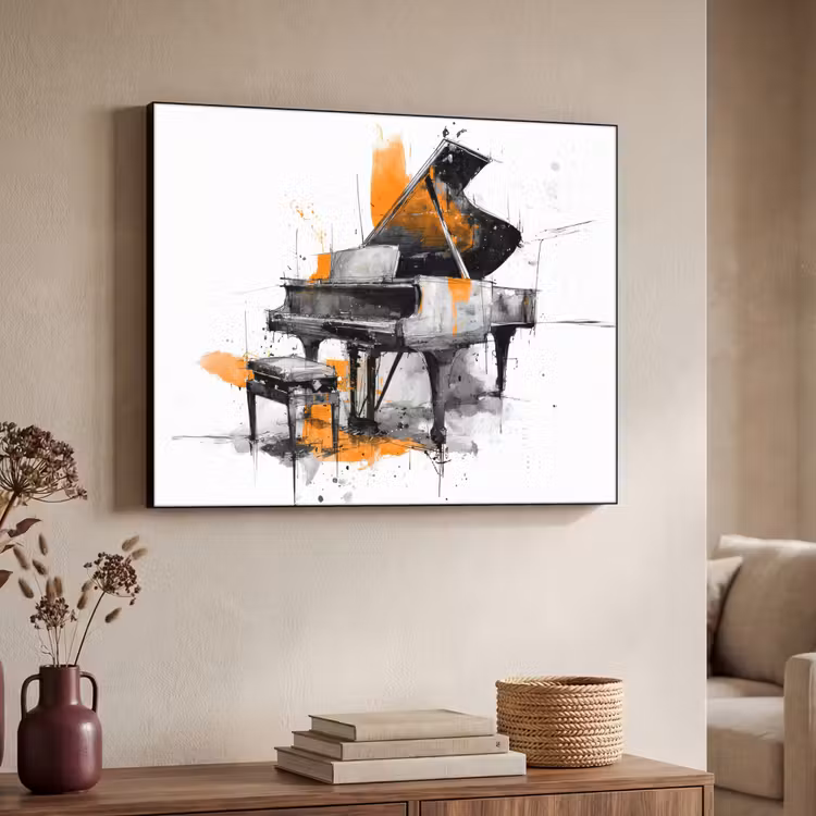 Piano - Oranje - Zwart - schets lijnen Textielframe - compleet frame klein -sfeer3