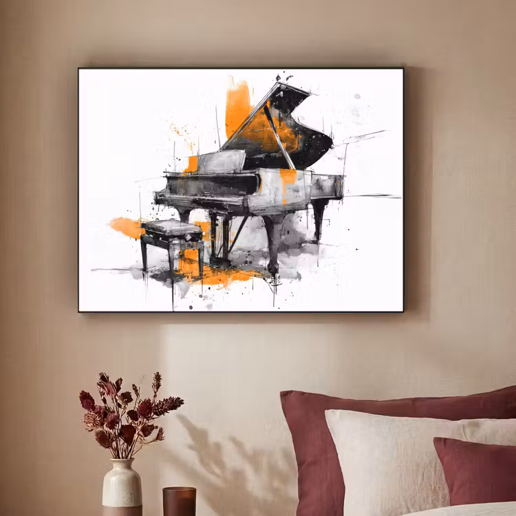 Piano - Oranje - Zwart - schets lijnen Textielframe zwart klein -sfeer1
