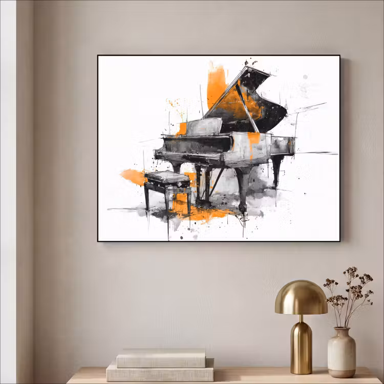 Piano - Oranje - Zwart - schets lijnen Textielframe - compleet frame klein -sfeer2