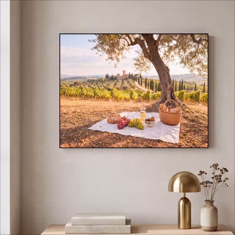 Picknick - Wijngaard - Landschap - Zomer - Eten Textielframe zwart klein -sfeer2