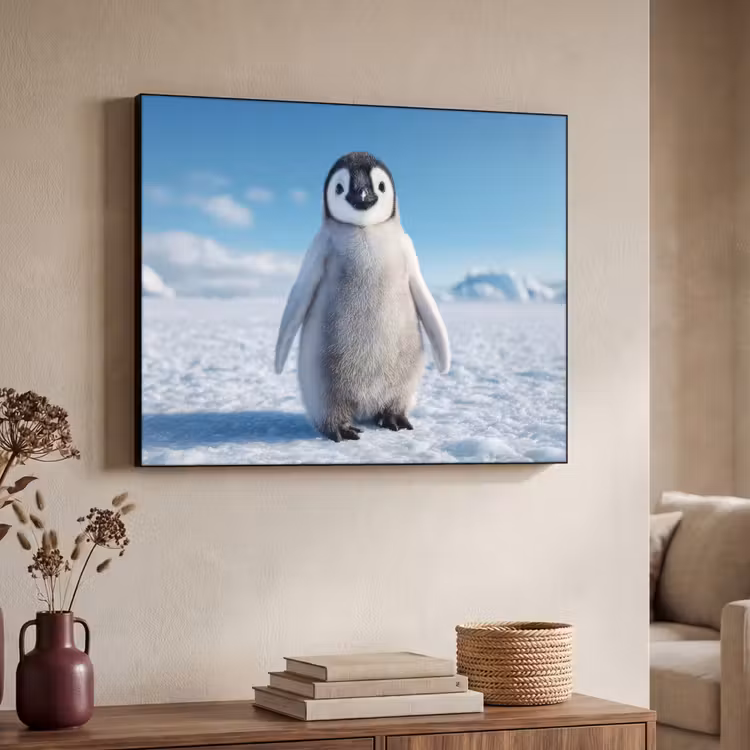 Pinguïn - Sneeuw - Landschap - Wit Textielframe zwart klein -sfeer3