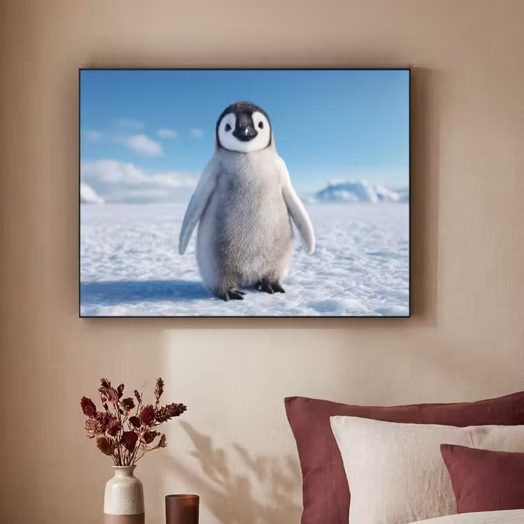 Pinguïn - Sneeuw - Landschap - Wit Textielframe - compleet frame klein -sfeer1