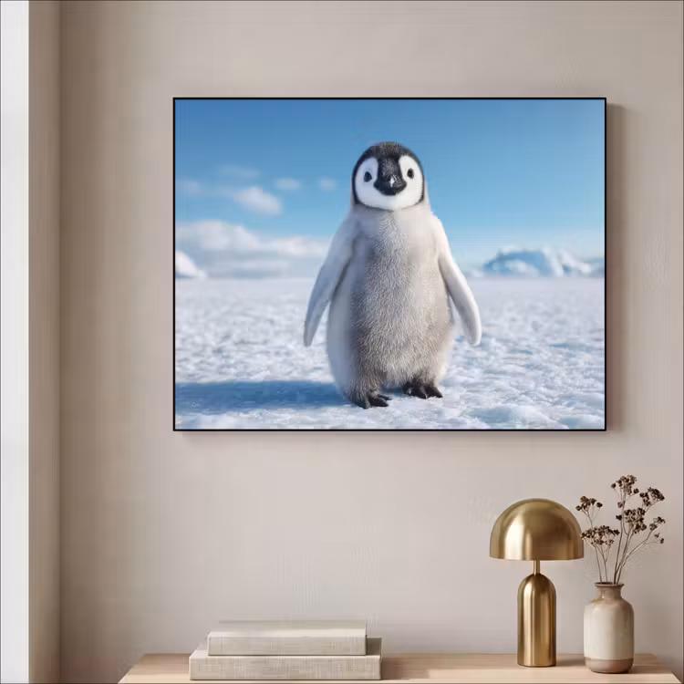 Pinguïn - Sneeuw - Landschap - Wit Textielframe zwart klein -sfeer2