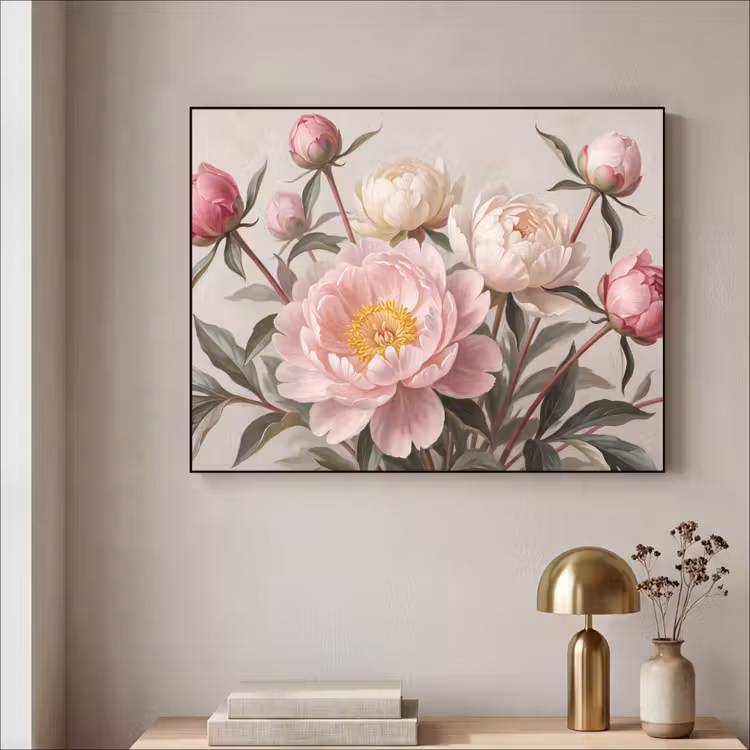 Pioenrozen - Boeket - Roze Textielframe zwart klein -sfeer2