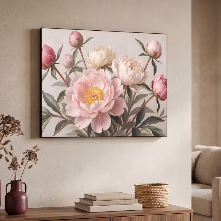 Pioenrozen - Boeket - Roze Textielframe zwart klein -sfeer3