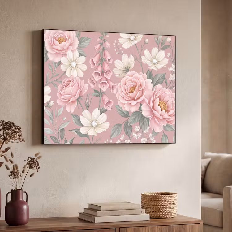 Pioenrozen - Vingerhoedskruid - Pink Textielframe zwart klein -sfeer3