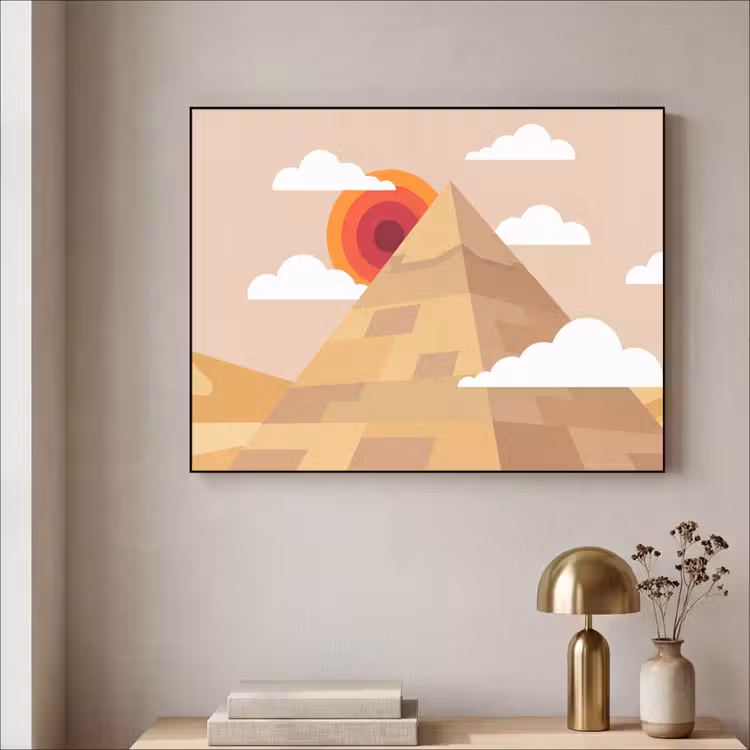 Piramide - Zon - Woestijn - Modern - Oranje Textielframe zwart klein -sfeer2