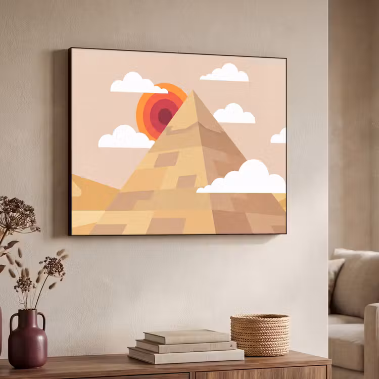 Piramide - Zon - Woestijn - Modern - Oranje Textielframe zwart klein -sfeer3
