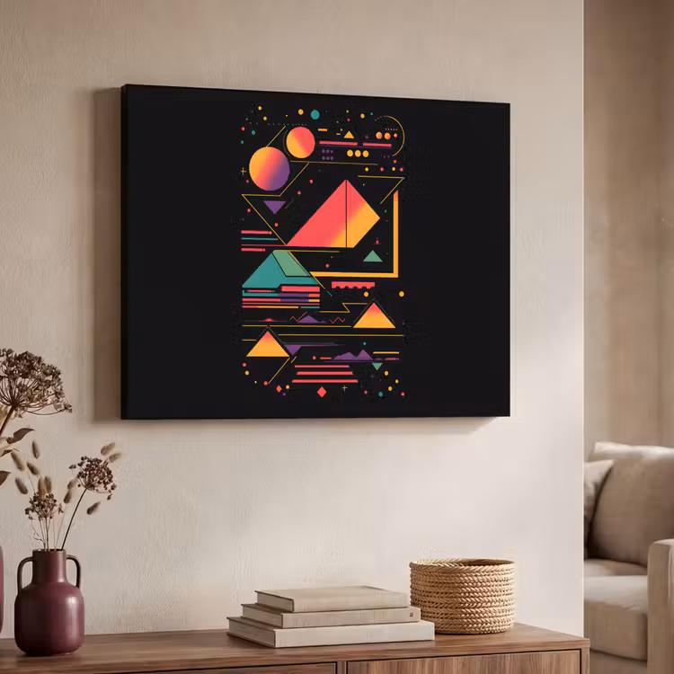 Piramides - Cirkels - Neonkleuren - Geometrisch Textielframe - compleet frame klein -sfeer3