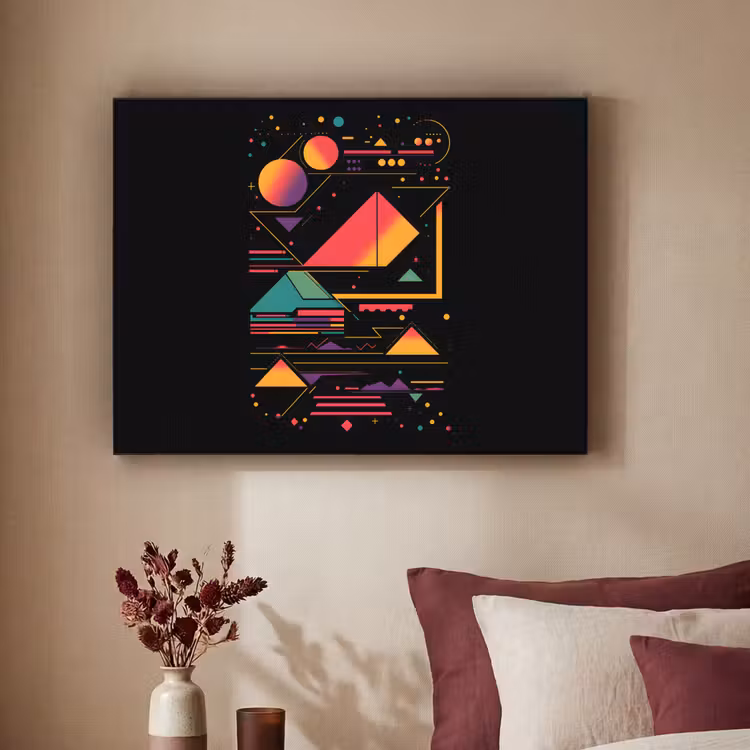 Piramides - Cirkels - Neonkleuren - Geometrisch Textielframe - compleet frame klein -sfeer1
