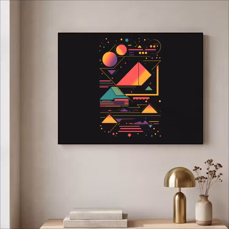 Piramides - Cirkels - Neonkleuren - Geometrisch Textielframe - compleet frame klein -sfeer2