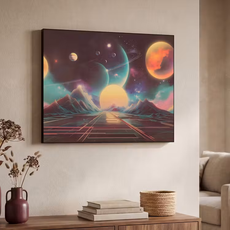 Planeten - Neon - Berglandschap - Zon Textielframe - compleet frame klein -sfeer3
