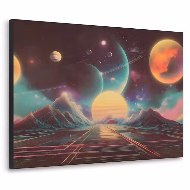 Planeten - Neon - Berglandschap - Zon Textielframe zwart klein -3d
