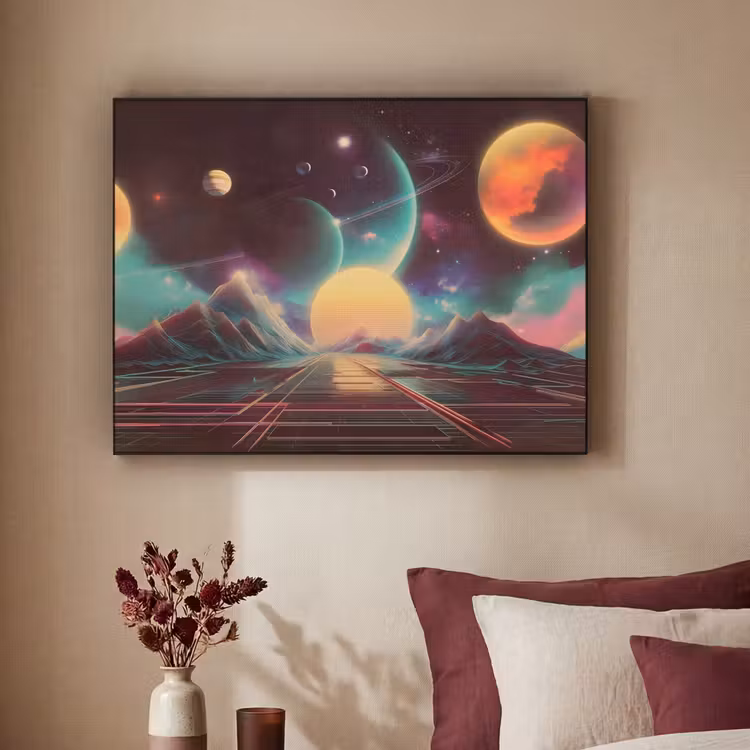 Planeten - Neon - Berglandschap - Zon Textielframe - compleet frame klein -sfeer1
