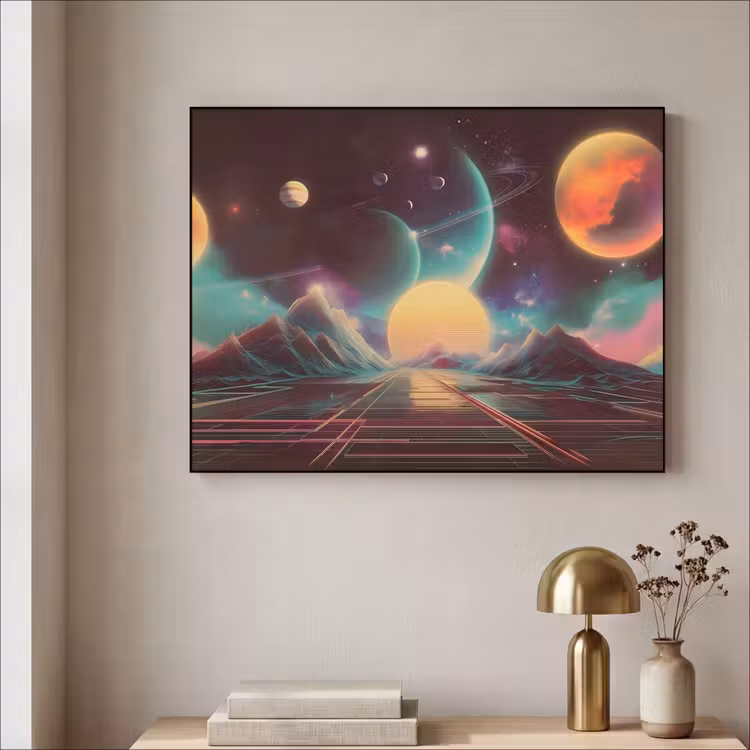 Planeten - Neon - Berglandschap - Zon Textielframe zwart klein -sfeer2