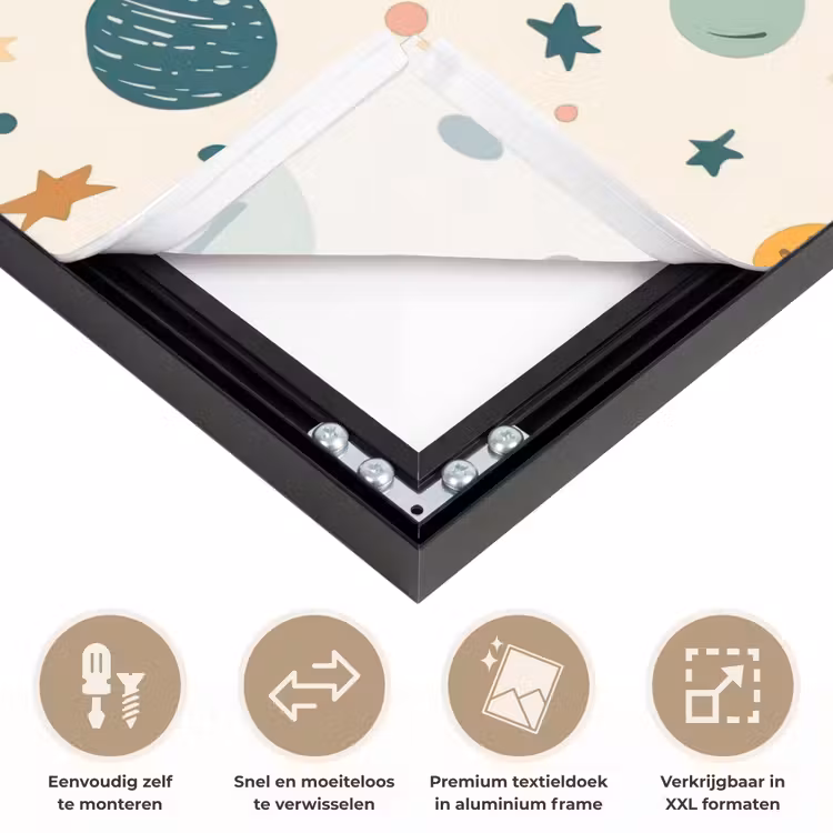 Planeten - Retro - Kleurrijk Textielframe zwart klein 947 -USP_closeupNL