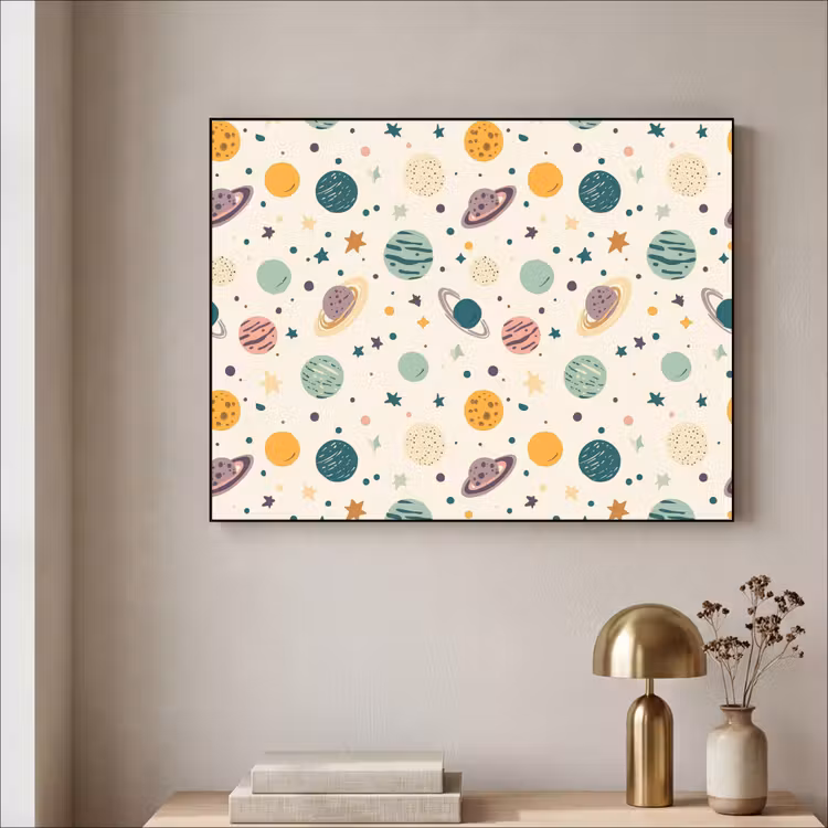 Planeten - Retro - Kleurrijk Textielframe zwart klein 947 -sfeer2