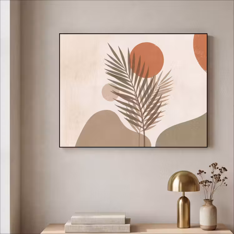 Planten - Bladeren - Abstract - Modern - Beige Textielframe zwart klein -sfeer2