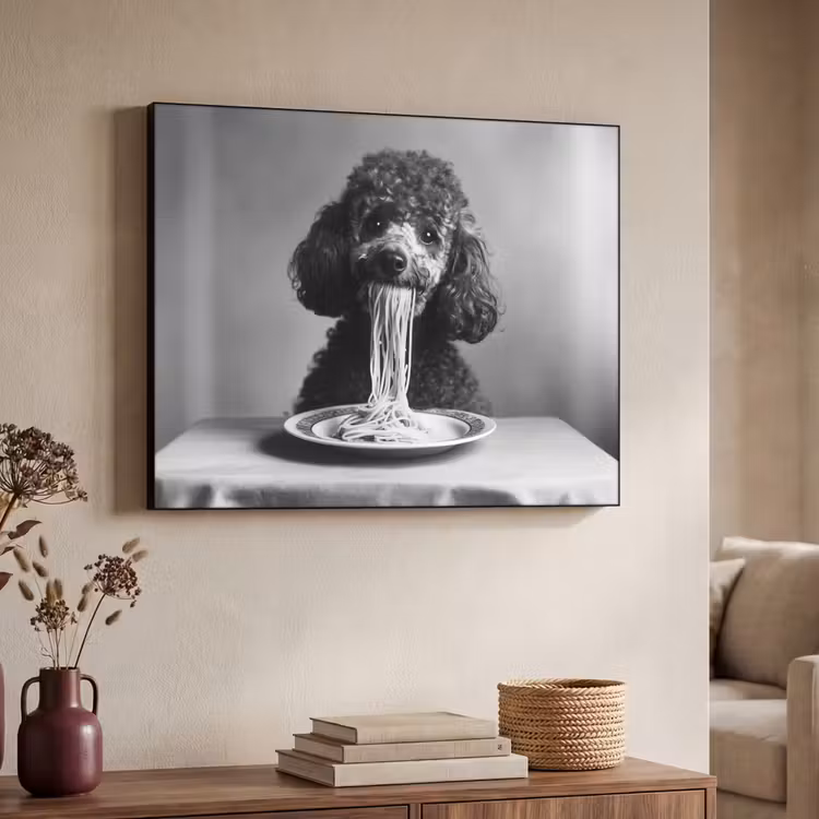 Poedel - Hond - Zwart - Wit - Schattig - Pasta Textielframe zwart klein -sfeer3