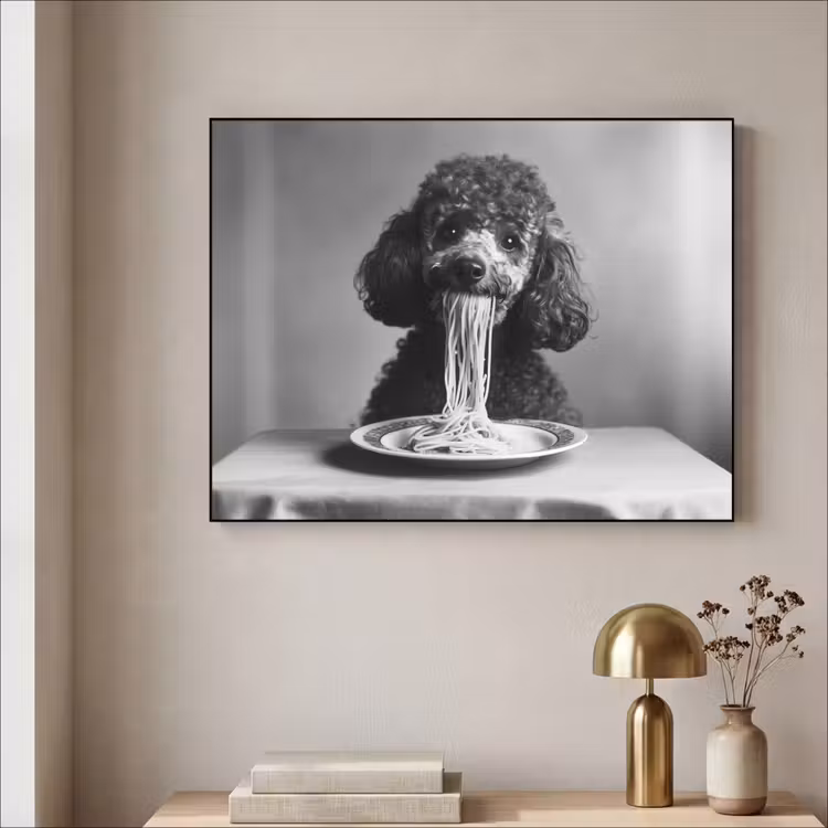 Poedel - Hond - Zwart - Wit - Schattig - Pasta Textielframe zwart klein -sfeer2