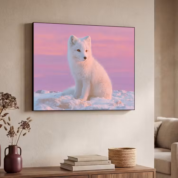 Poolvos - Sneeuw - Roze Textielframe zwart klein -sfeer3
