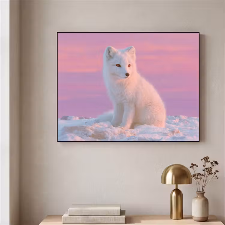 Poolvos - Sneeuw - Roze Textielframe - compleet frame klein -sfeer2