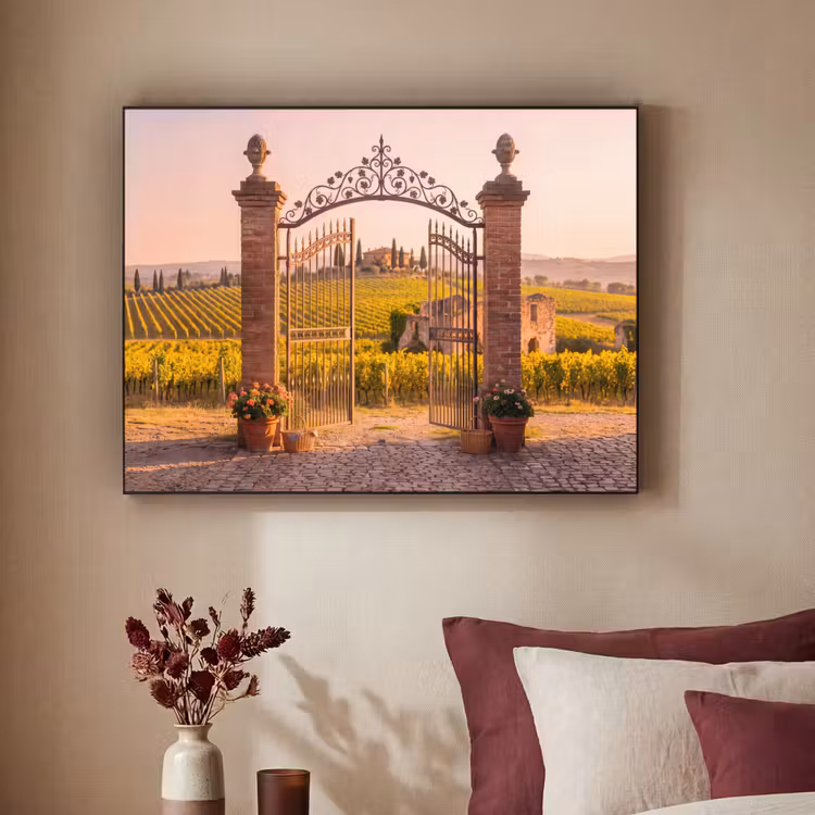Poort - Landschap - Platteland - Zonlicht - Warm Textielframe zwart klein -sfeer1