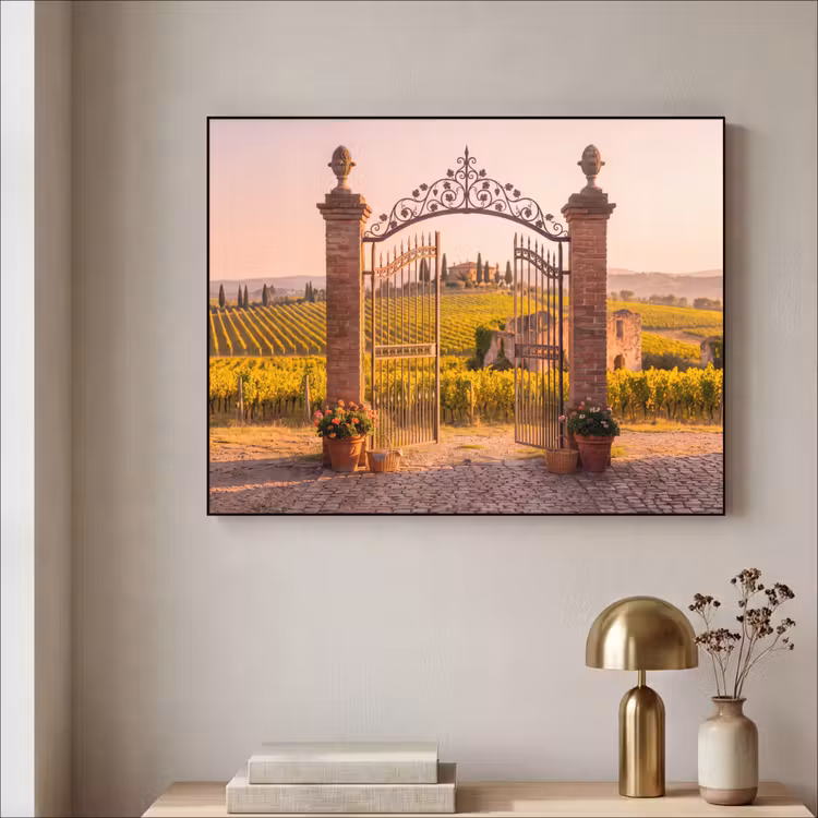 Poort - Landschap - Platteland - Zonlicht - Warm Textielframe zwart klein -sfeer2