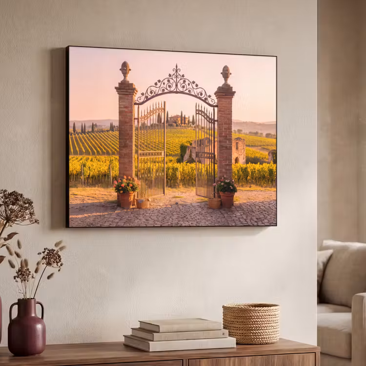 Poort - Landschap - Platteland - Zonlicht - Warm Textielframe zwart klein -sfeer3